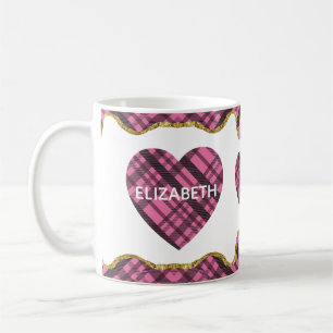 Modern Rustic Pink Plaid Love Heart Wife Name Coffee Mug