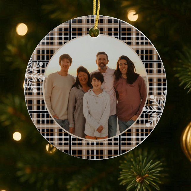 Modern Rustic Plaid Snowflake Photo Ceramic Tree Decoration (Creator Uploaded)