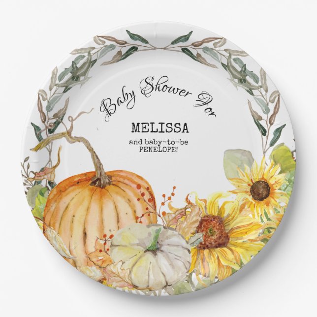 Modern Rustic Pumpkin Leaves Sunflower Baby Shower Paper Plate (Front)