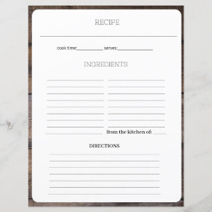 Modern Rustic Recipe Cookbook Lined Sheet Page