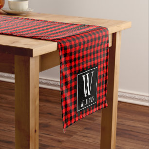 Modern Rustic Red Buffalo Plaid Chequered Monogram Short Table Runner