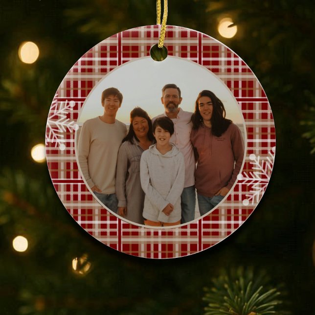 Modern Rustic Red  Tan Plaid Snowflake Photo Ceramic Tree Decoration (Creator Uploaded)