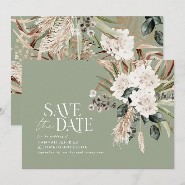 Modern rustic sage eucalyptus botanical QR code Save The Date (Front/Back)