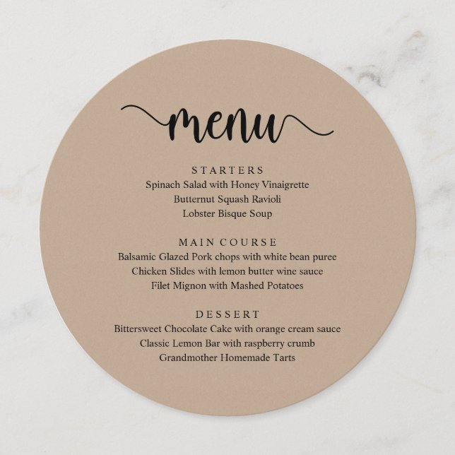 Modern Rustic Script, Brown Kraft, Wedding Dinner Menu (Front)