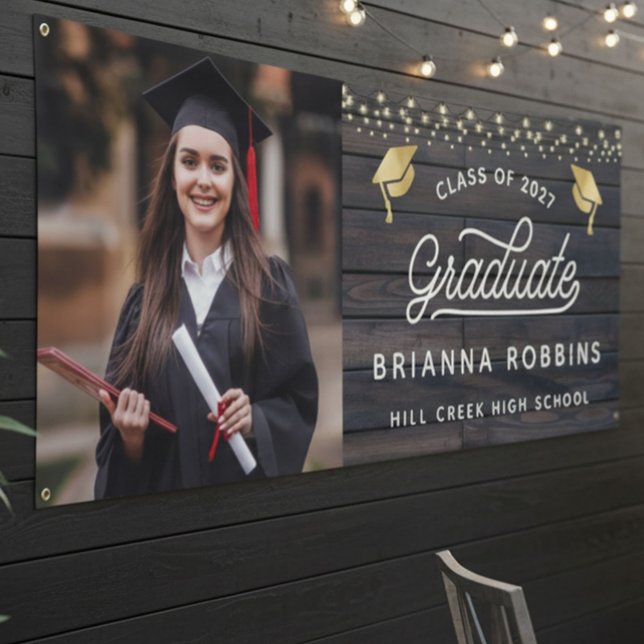 Modern Rustic Script Gold Graduation Photo Wood Banner (Creator Uploaded)