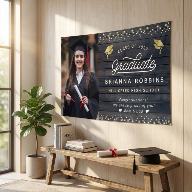 Modern Rustic Script Gold Graduation Photo Wood Banner (Creator Uploaded)