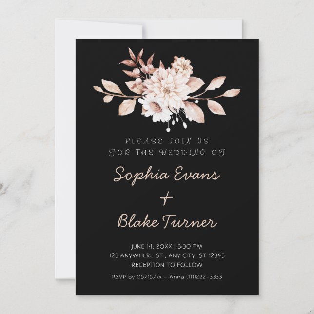 Modern Rustic Soft Floral Black Wedding Invitation (Front)
