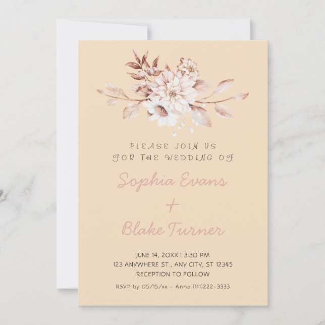 Modern Rustic Soft Floral Light Brown Wedding Invitation (Front)