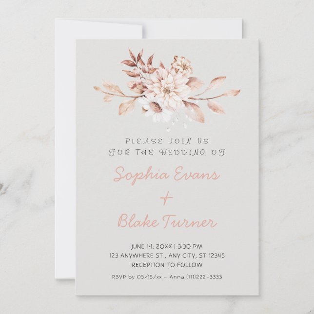 Modern Rustic Soft Floral Platinum Grey Wedding Invitation (Front)