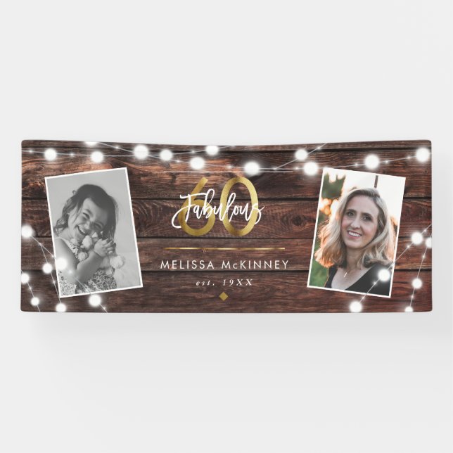 Modern Rustic String Lights Gold Fab 60th Birthday Banner (Horizontal)