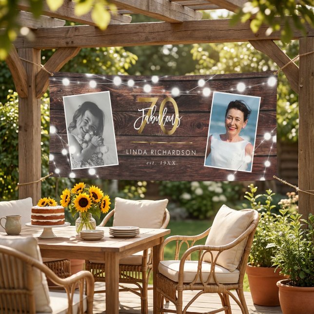 Modern Rustic String Lights Gold Fab 70th Birthday Banner (Creator Uploaded)