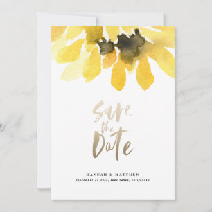 Modern rustic sunflower floral gold script save the date