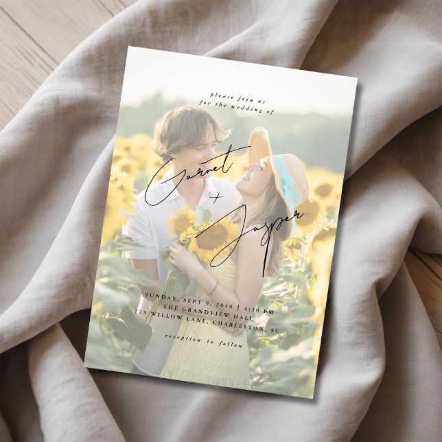 Modern Rustic Sunflower Fun Overlay Photo Wedding  Invitation (Creator Uploaded)