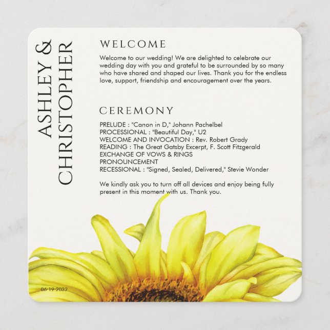 Modern Rustic Sunflower Wedding Programme (Front)