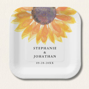 Modern Rustic Sunflower Wedding Square Paper Plate