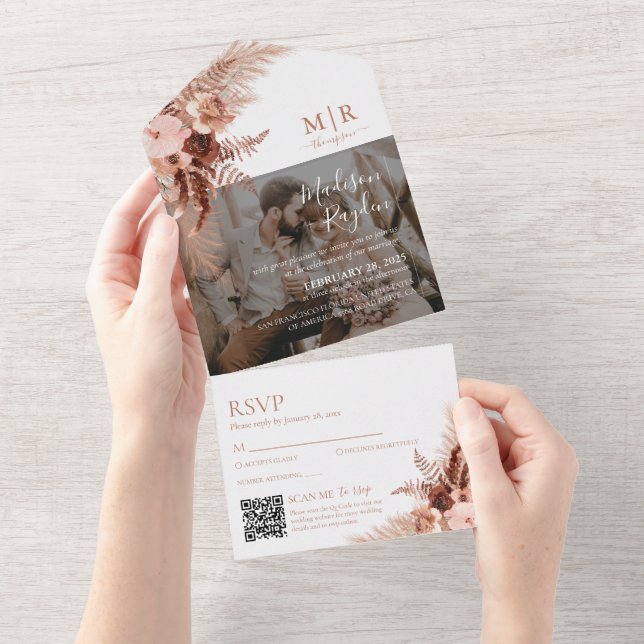 Modern Rustic Terracotta Photo QR Code Wedding All In One Invitation (Tearaway)