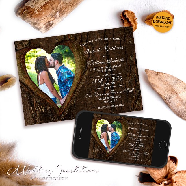 Modern Rustic Tree Heart Photo Wedding Invitation (Creator Uploaded)