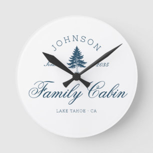 Modern Rustic Trees Family Cabin Crew Preppy Blue Round Clock
