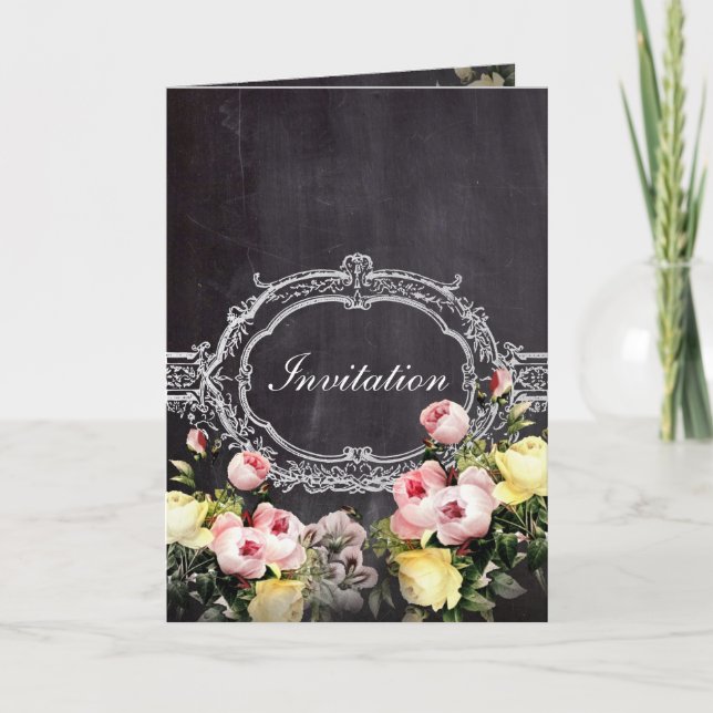 modern rustic  vintage flowers Chalkboard wedding Invitation (Front)