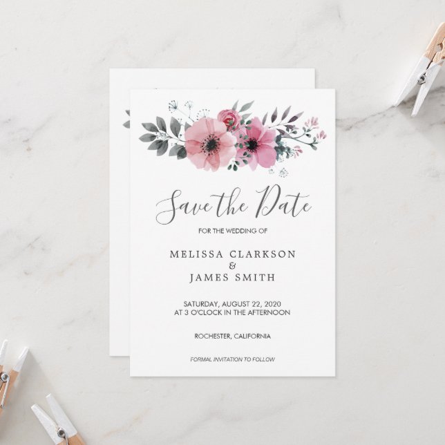 Modern rustic watercolor flowers Save the Date Invitation (Front/Back In Situ)