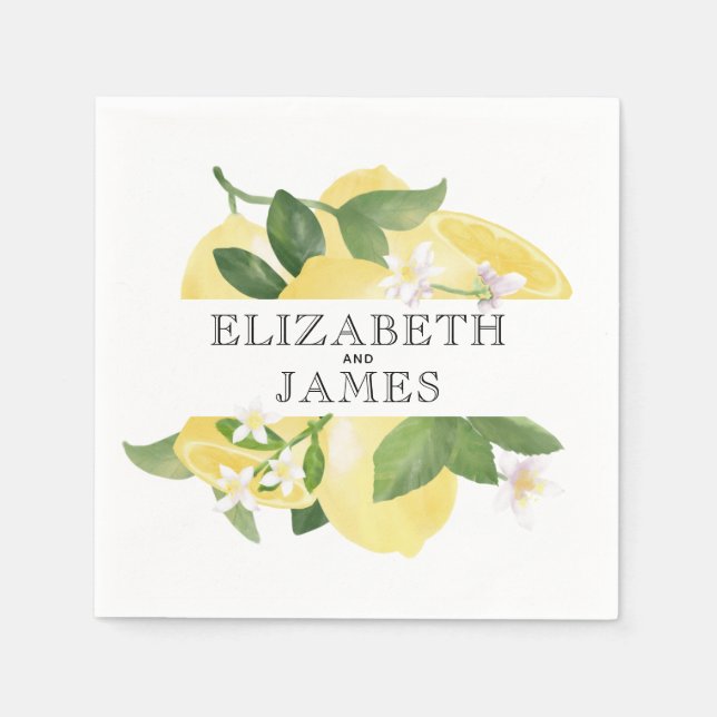 Modern Rustic Watercolor Lemon Summer Wedding Napkin (Front)