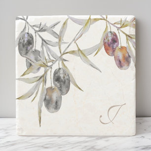 Modern Rustic Watercolor Olive Branch Monogram Stone Coaster
