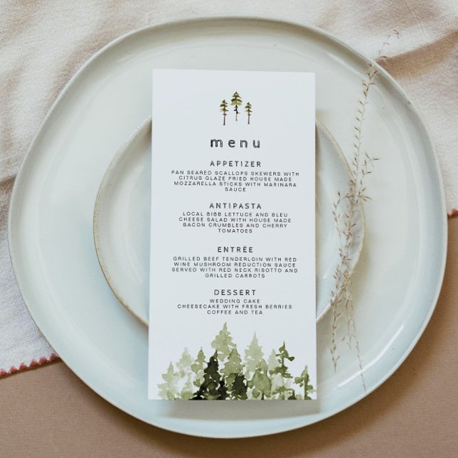 Modern Rustic Watercolor Pine Tree Wedding Menu (Creator Uploaded)