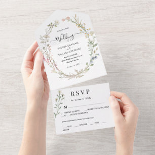 Modern Rustic Watercolor Wildflower Simple Wedding All In One Invitation