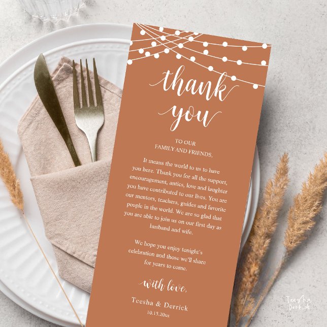 Modern Rustic Wedding Dinner Thank You Card (Modern Rustic Wedding Dinner Thank You Card Reception Reception String Lights Copper Brown)