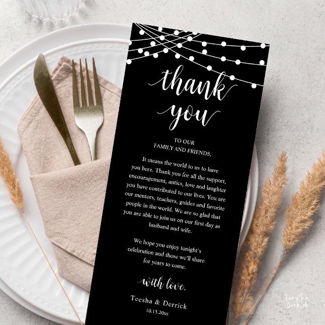 Modern Rustic Wedding Dinner Thank You Card (Modern Rustic Wedding Dinner Thank You Card Reception Reception String Lights Black White)