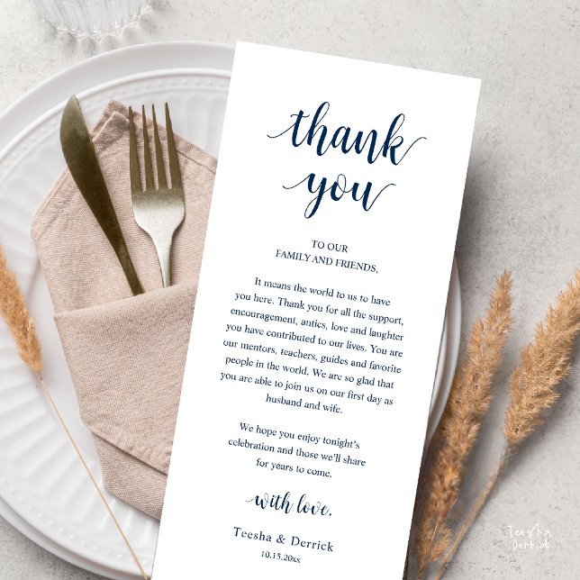 Modern Rustic Wedding Dinner Thank You Card (Modern Rustic Wedding Dinner Thank You Card Reception Lunch Brunch Reception in Navy Blue)