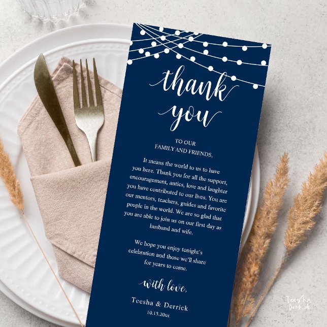 Modern Rustic Wedding Dinner Thank You Card (Modern Rustic Wedding Dinner Thank You Card Reception Reception String Lights navy Blue)
