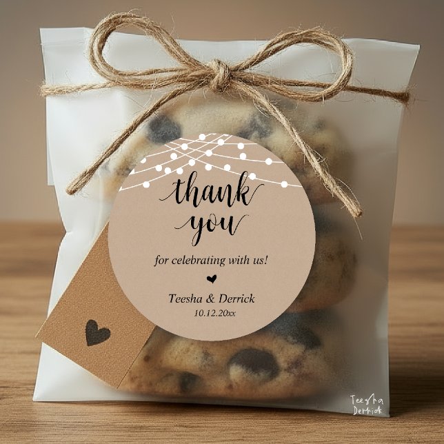 Modern Rustic Wedding Dinner Thank You Gifts  Classic Round Sticker (Modern Rustic Wedding Dinner Thank You Gifts Classic Round Sticker cute heart Kraft String Lights)