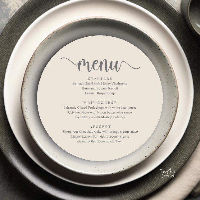 Modern Rustic, Wedding Elopement Round Dinner Menu (Modern Rustic, Wedding Elopement Round Dinner Menu Card in Cream and Grey)