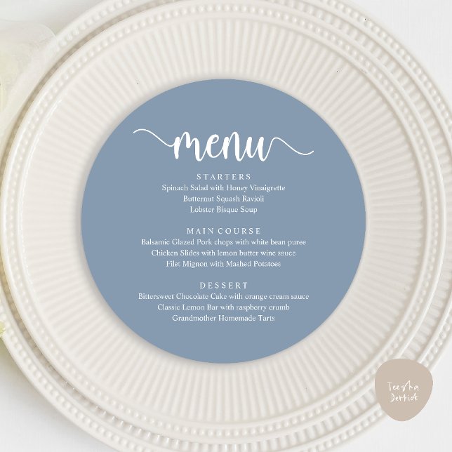 Modern Rustic, Wedding Elopement Round Dinner Menu (Modern Rustic, Wedding Elopement Round Dinner Menu Card in Dusty Blue)