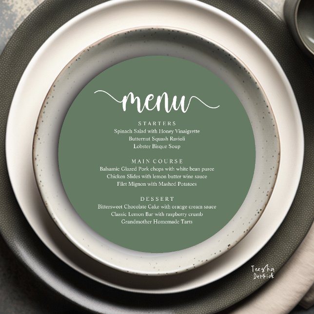 Modern Rustic, Wedding Elopement Round Dinner Menu (Modern Rustic, Wedding Elopement Round Dinner Menu Card in Sage Green)
