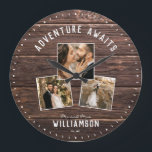 Modern Rustic Wedding Photo Collage Keepsake Large Clock<br><div class="desc">Modern 3 photo collage wedding clock with a customisable message now reading ADVENTURE AWAITS with 3 frames of favourite pictures underneath on a rustic farmhouse style (printed) wood background. Make it your own by adding your family name and year established below. Unique and personal keepsake gift for the newlyweds or...</div>