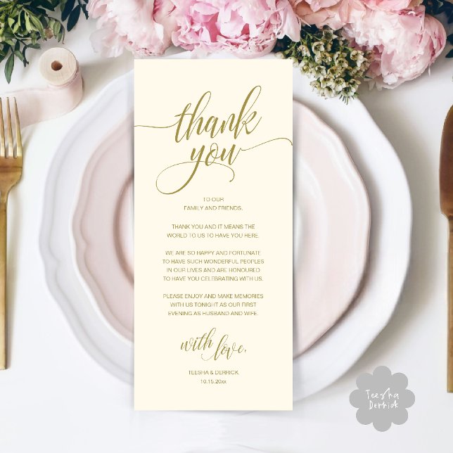 Modern Rustic Wedding Reception Thank You Card (Modern Romantic Wedding Reception Dinner Thank You Card in Yellow Gold)