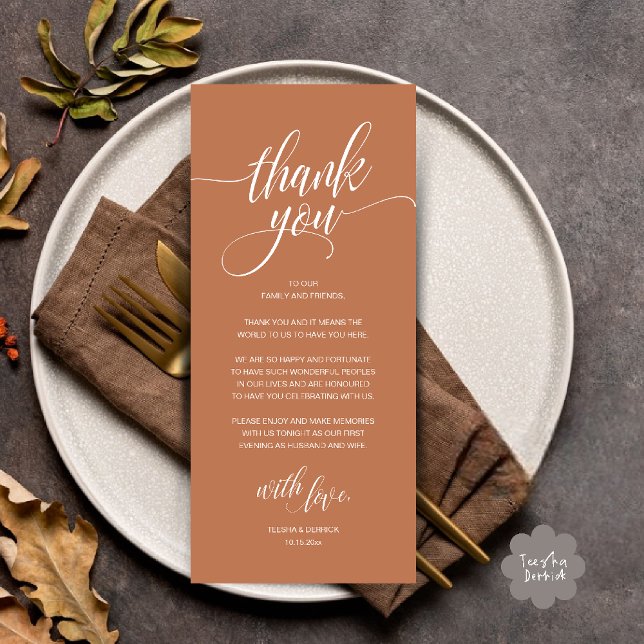 Modern Rustic Wedding Reception Thank You Card (Modern Romantic Wedding Reception Dinner Thank You Card in Copper Brown Terracotta)