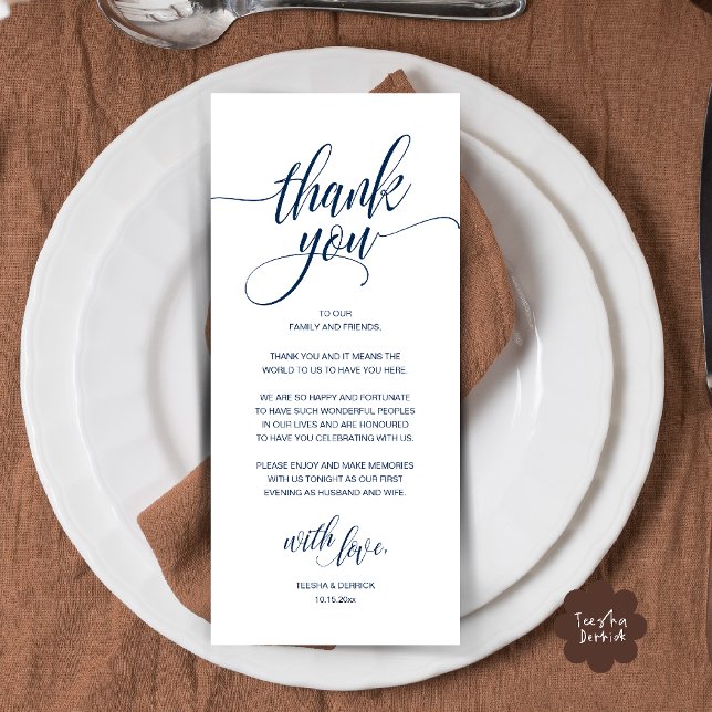 Modern Rustic Wedding Reception Thank You Card (Modern Romantic Wedding Reception Dinner Thank You Card in Navy Blue)