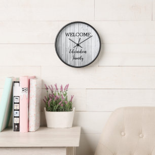 Modern rustic welcome Family name grey shiplap Clock