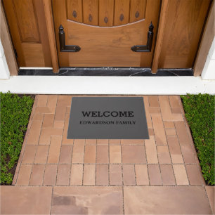Modern rustic welcome script family name doormat
