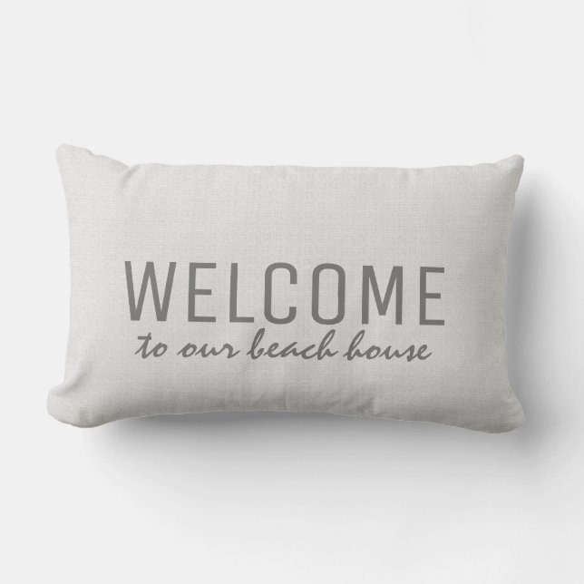Modern rustic white burlap Welcome to beach house Lumbar Cushion (Front)