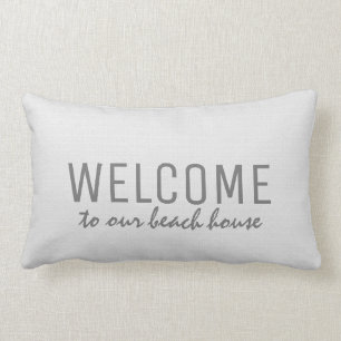 Modern rustic white burlap Welcome to beach house Lumbar Cushion