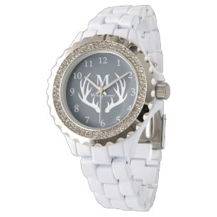 Modern Rustic White Deer Antlers Personalised Name Watch
