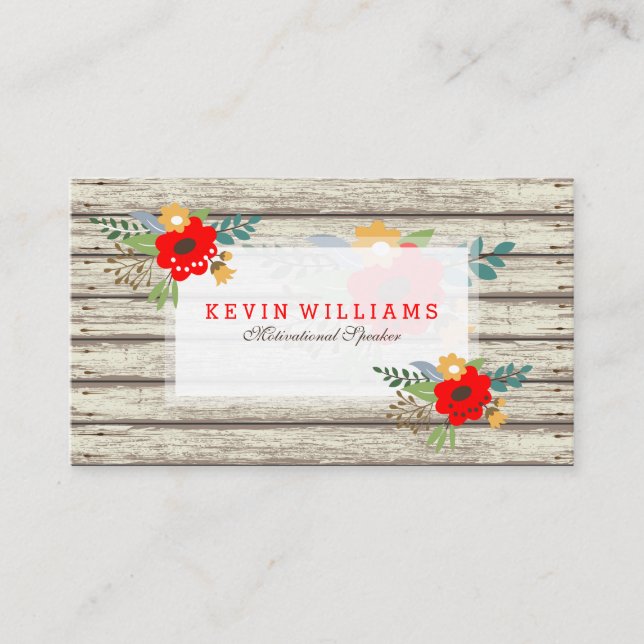 Modern Rustic White Paint Wood & Flowers Accent Business Card (Front)
