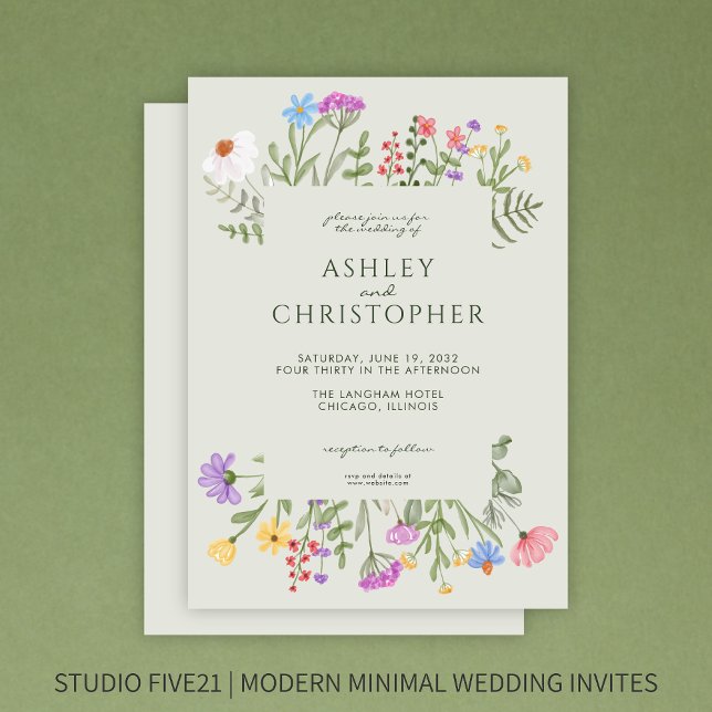 Modern Rustic Wildflower Border Soft Sage Wedding Invitation (Creator Uploaded)