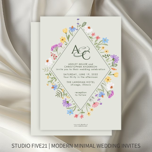 Modern Rustic Wildflower Monogram Sage Wedding Invitation (Creator Uploaded)