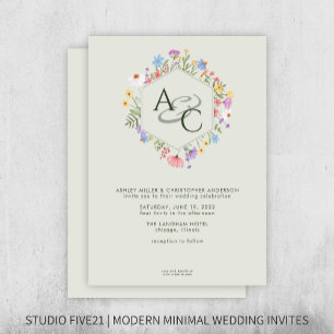 Modern Rustic Wildflower Monogram Sage Wedding Invitation