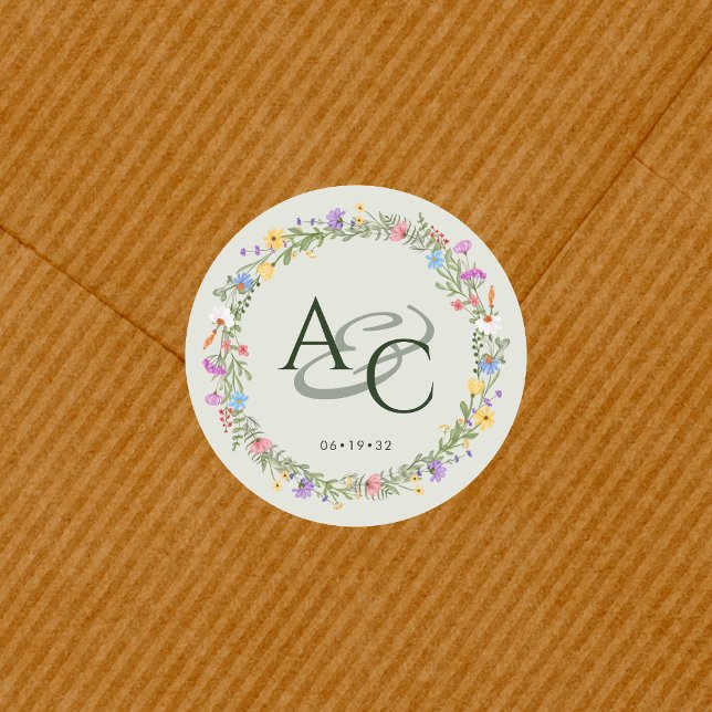 Modern Rustic Wildflower Monogram Wedding Classic Round Sticker (Creator Uploaded)